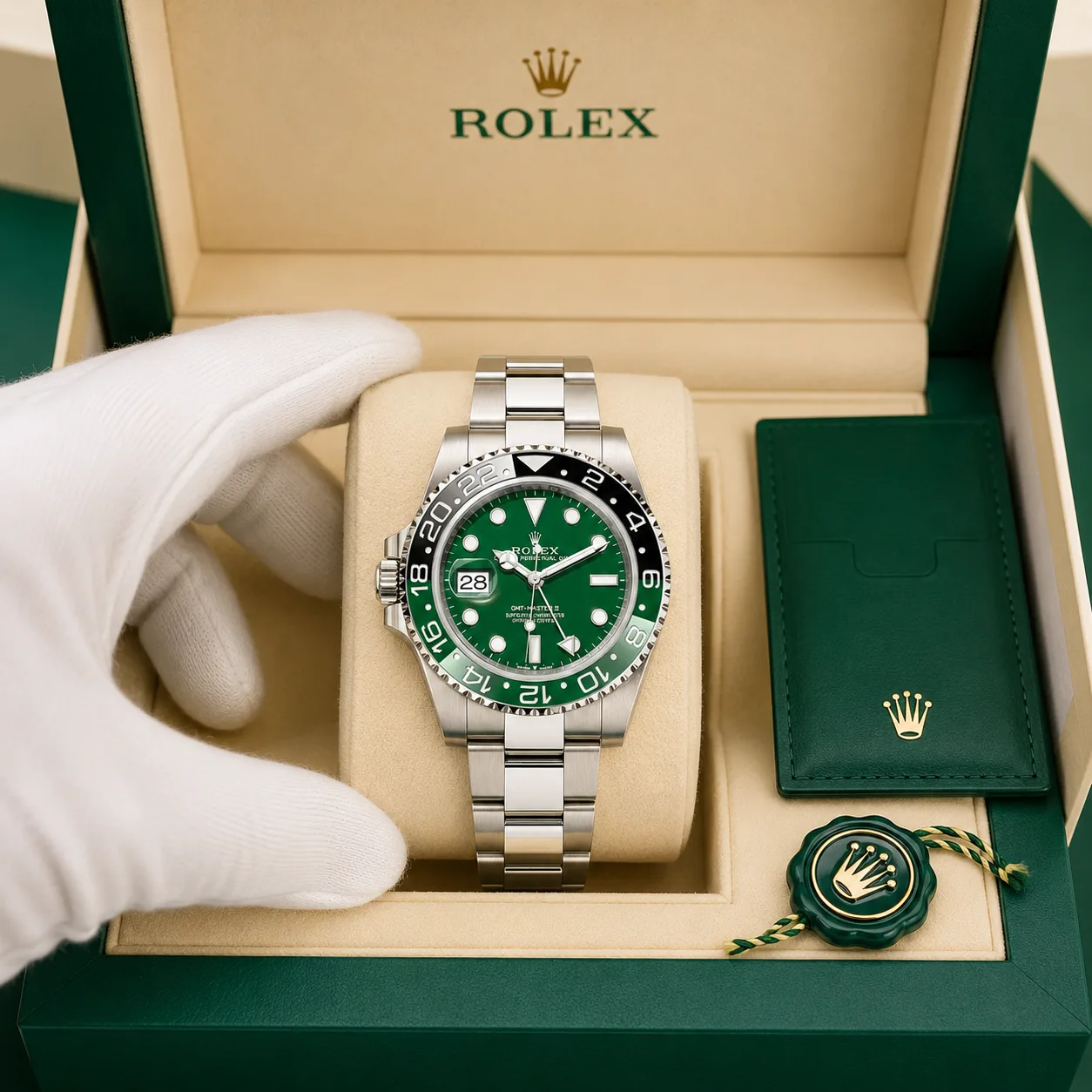Rolex GMT-Master II M126729VTNR-0001 40mm Calibre 3285 Green Ceramic / Green & Black Cerachrom Bezel 18K White Gold AI 头图 5 - 包装盒 [ai-shot:box-shot]