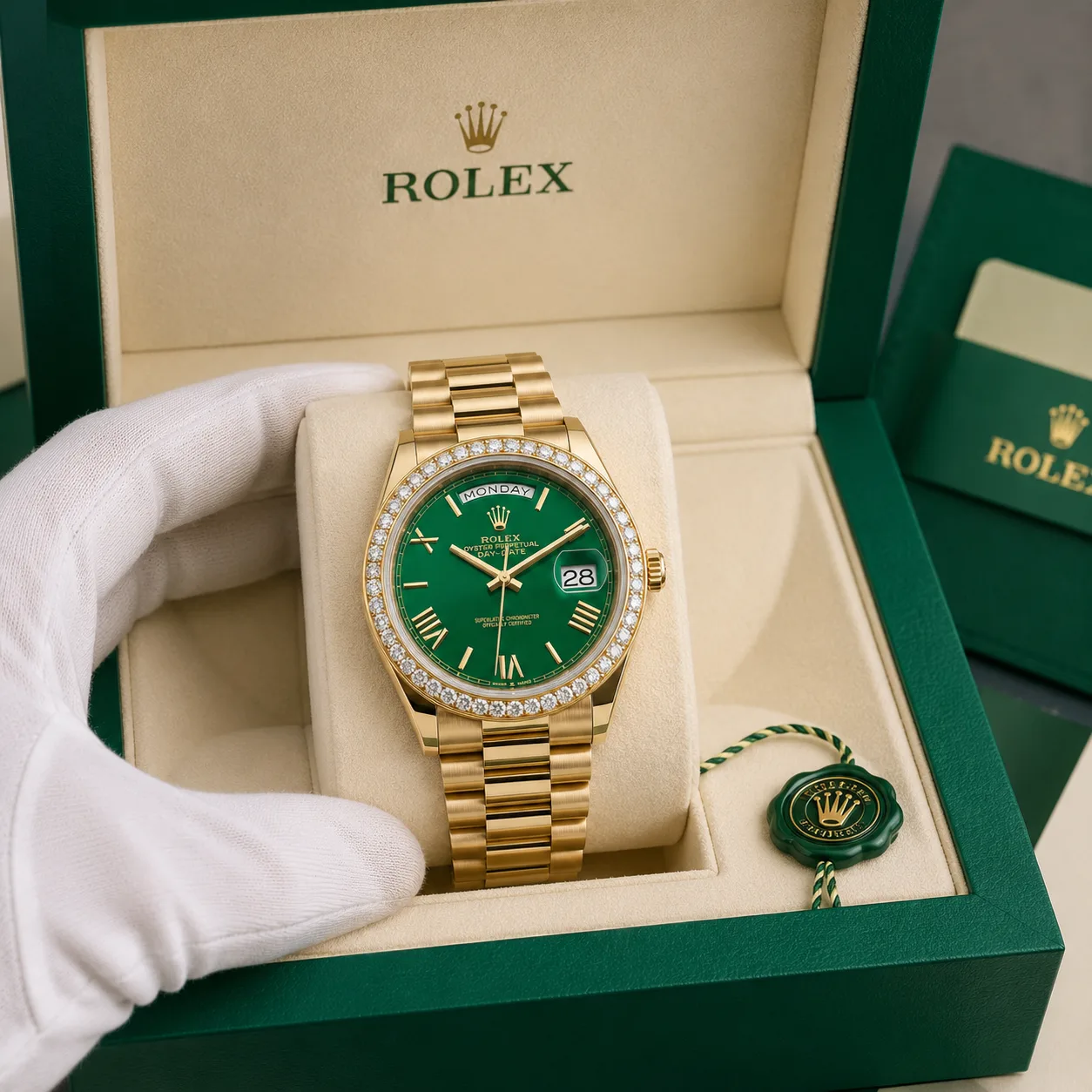 Rolex Day-Date m228348rbr-0040 40mm Calibre 3255 Green / Diamond-Set Bezel 18K Yellow Gold AI 头图 5 - 包装盒 [ai-shot:box-shot]