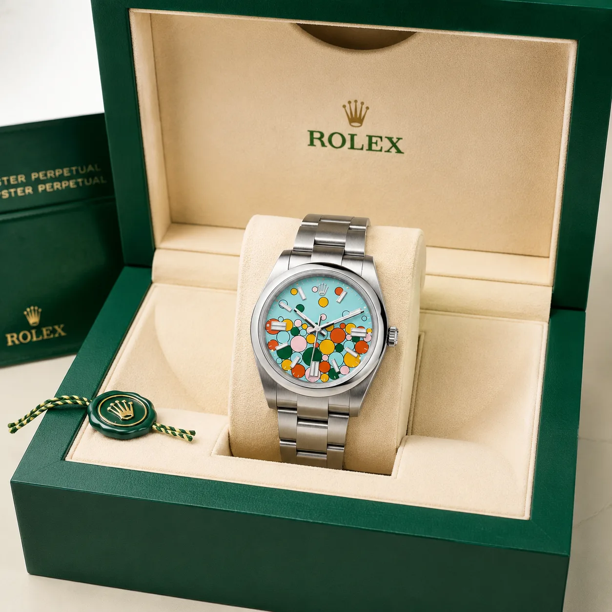 Rolex Oyster Perpetual m124300-0008 41mm Calibre 3230 904L Stainless Steel AI 头图 5 - 包装盒 [ai-shot:box-shot]
