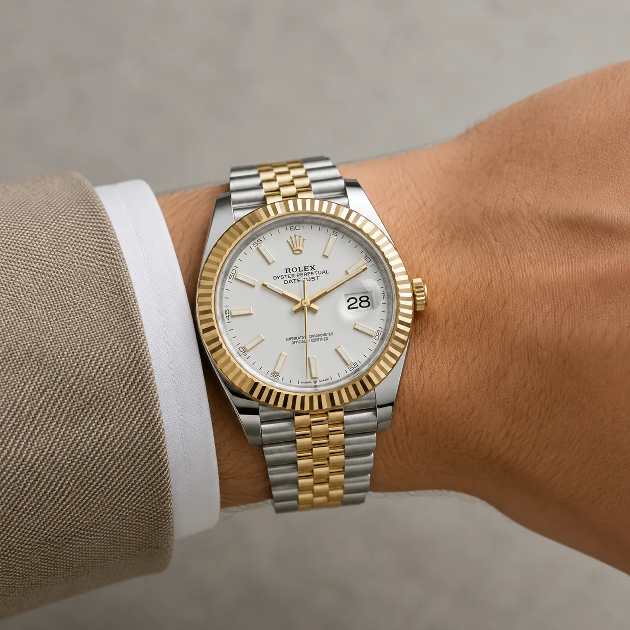 Rolex Datejust m126333-0016 41mm Calibre 3235 Silver / Fluted Bezel 904L Stainless Steel and 18K Yellow Gold AI 头图 4 - 佩戴图 [ai-shot:wrist-shot]