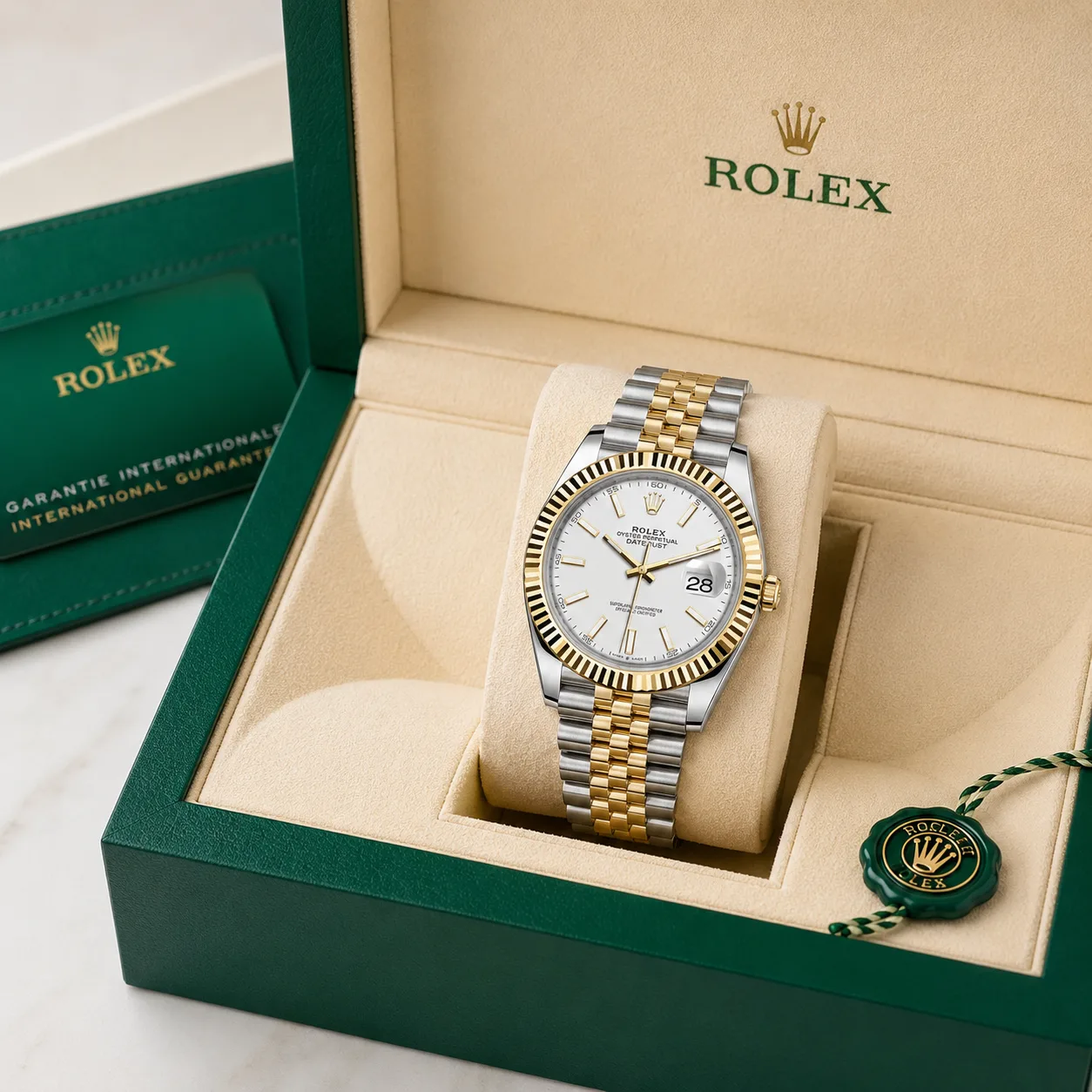 Rolex Datejust m126333-0016 41mm Calibre 3235 Silver / Fluted Bezel 904L Stainless Steel and 18K Yellow Gold AI 头图 5 - 包装盒 [ai-shot:box-shot]