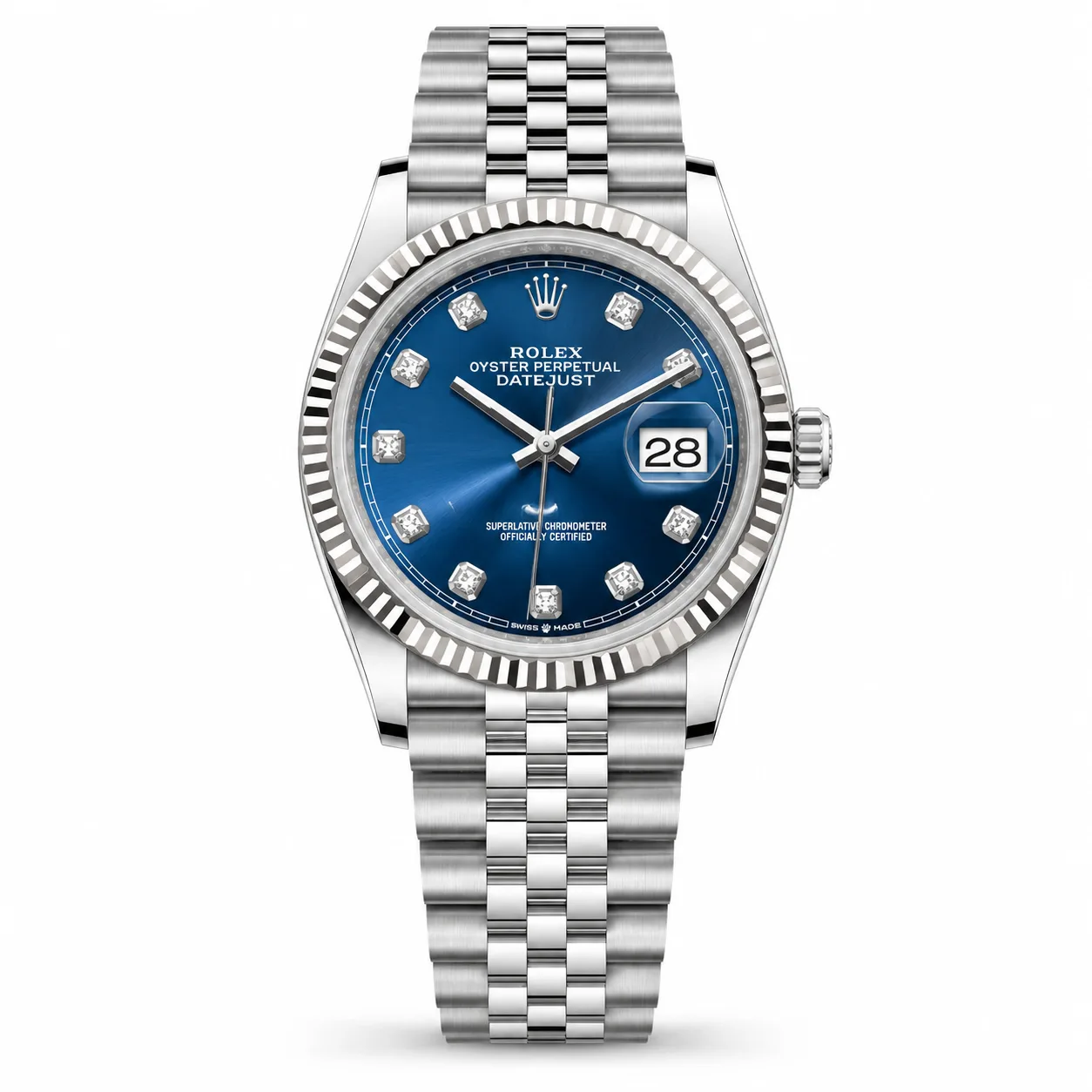 Rolex Datejust m126234-0037 36mm Calibre 3235 Blue / Fluted Bezel 904L Stainless Steel and 18K White Gold AI 头图 1 - 白底全貌 [ai-shot:full-white]