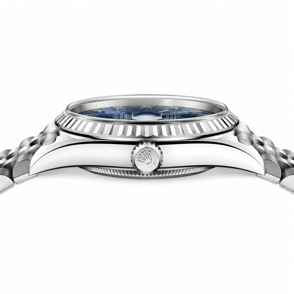 Rolex Datejust m126234-0037 36mm Calibre 3235 Blue / Fluted Bezel 904L Stainless Steel and 18K White Gold AI 头图 2 - 侧面细节 [ai-shot:side-detail]