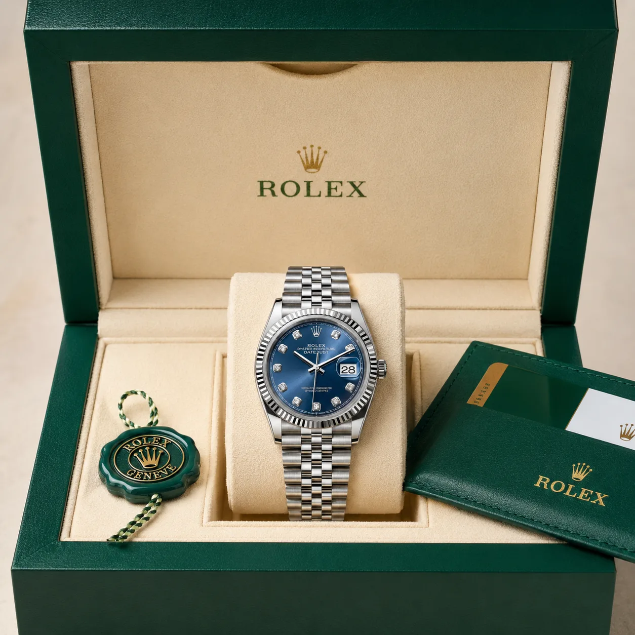 Rolex Datejust m126234-0037 36mm Calibre 3235 Blue / Fluted Bezel 904L Stainless Steel and 18K White Gold AI 头图 5 - 包装盒 [ai-shot:box-shot]