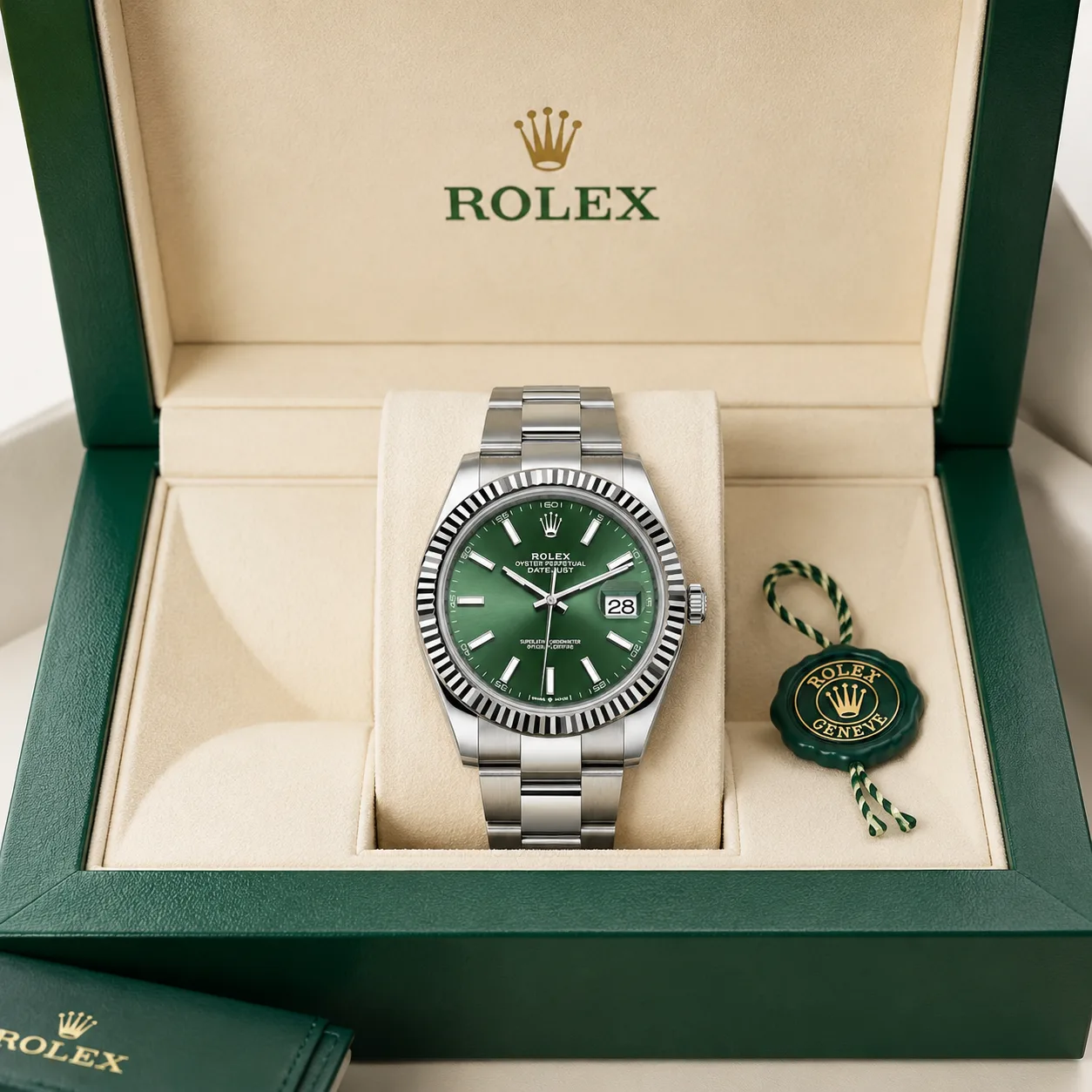 Rolex Datejust m126334-0027 41mm Calibre 3235 Silver / Fluted Bezel 904L Stainless Steel and 18K White Gold AI 头图 5 - 包装盒 [ai-shot:box-shot]