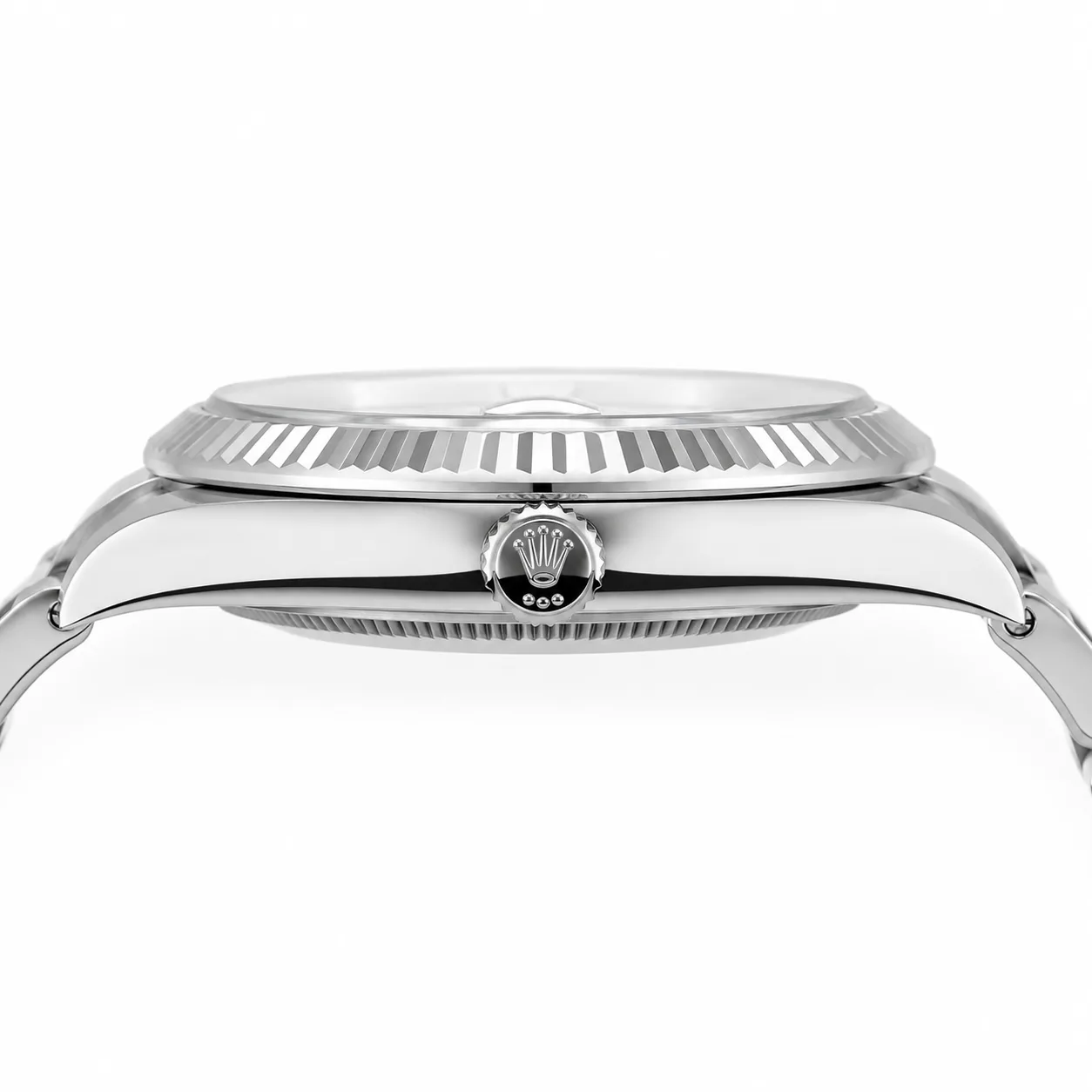 Rolex Datejust m126334-0027 41mm Calibre 3235 Silver / Fluted Bezel 904L Stainless Steel and 18K White Gold AI 头图 2 - 侧面细节 [ai-shot:side-detail]