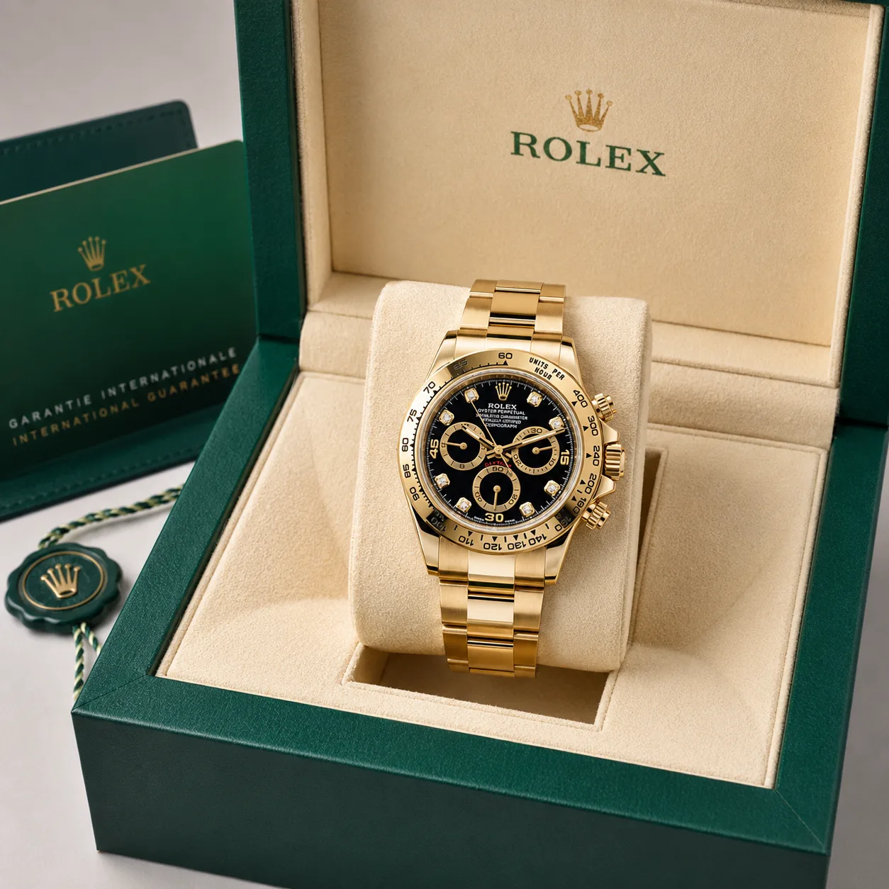 Rolex Cosmograph Daytona m116508-0016 40mm Calibre 4130 Black / Black Cerachrom Bezel 18K Yellow Gold AI 头图 5 - 包装盒 [ai-shot:box-shot]