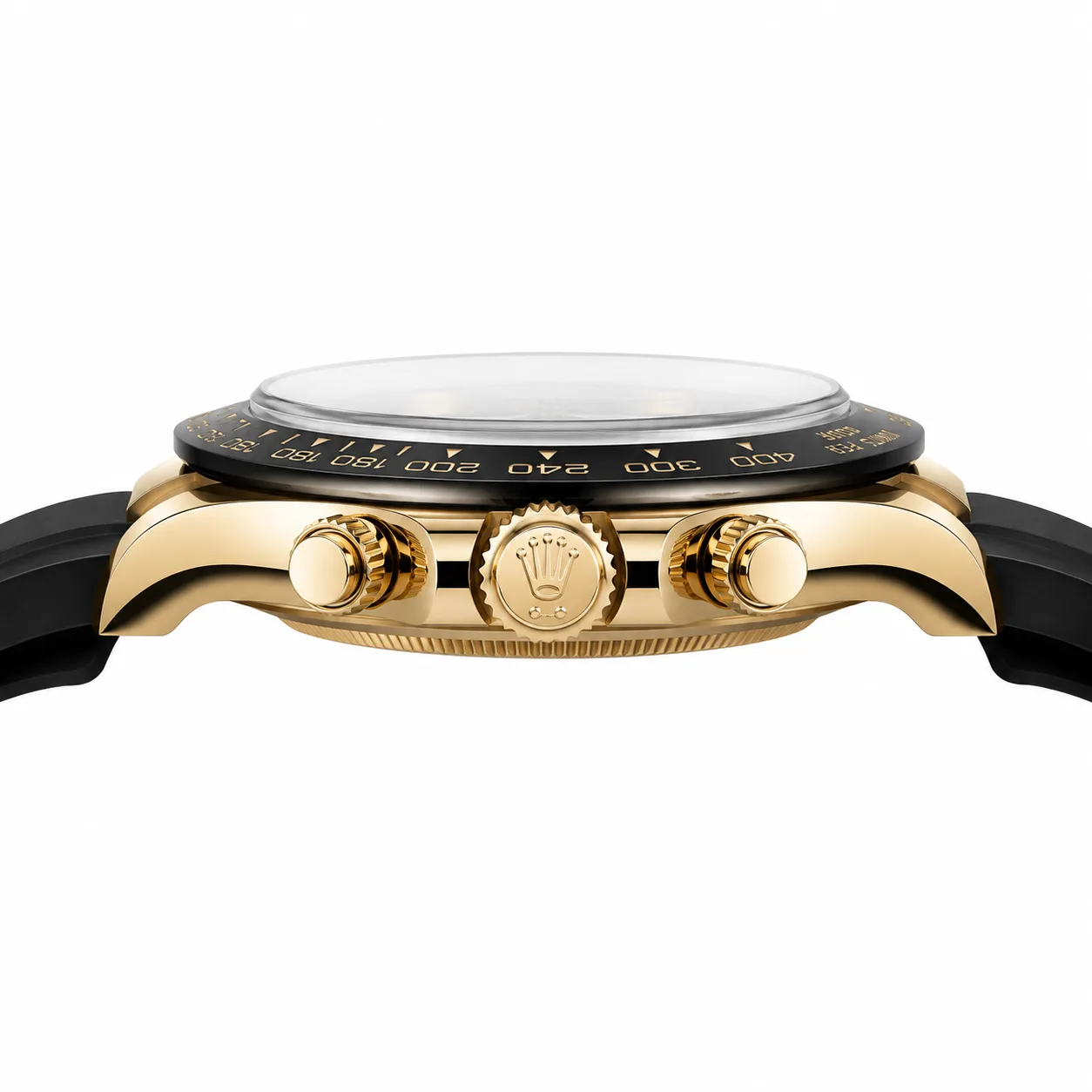 Rolex Cosmograph Daytona m126518ln-0002 40mm Calibre 4131 Black / Black Cerachrom Bezel 18K Yellow Gold AI 头图 2 - 侧面细节 [ai-shot:side-detail]