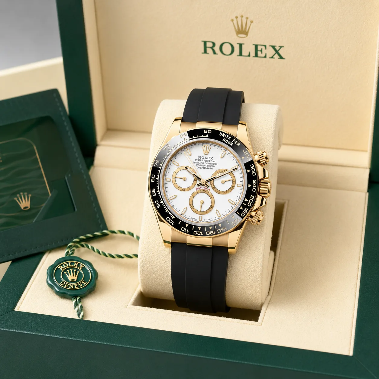 Rolex Cosmograph Daytona m126518ln-0002 40mm Calibre 4131 Black / Black Cerachrom Bezel 18K Yellow Gold AI 头图 5 - 包装盒 [ai-shot:box-shot]
