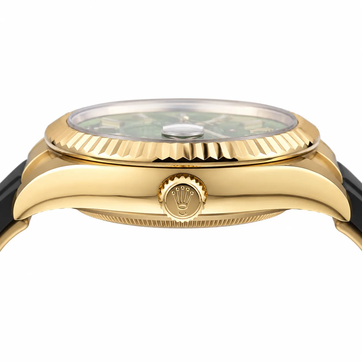 Rolex Sky-Dweller m336238-0004 42mm Calibre 9002 Green / Fluted Bezel 18K Yellow Gold AI 头图 2 - 侧面细节 [ai-shot:side-detail]