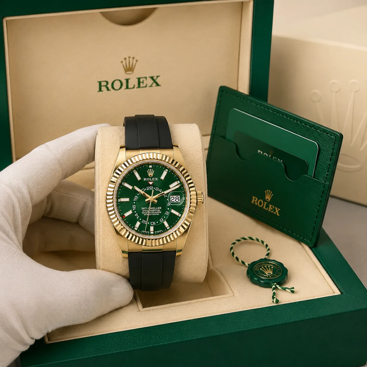 Rolex Sky-Dweller m336238-0004 42mm Calibre 9002 Green / Fluted Bezel 18K Yellow Gold AI 头图 5 - 包装盒 [ai-shot:box-shot]