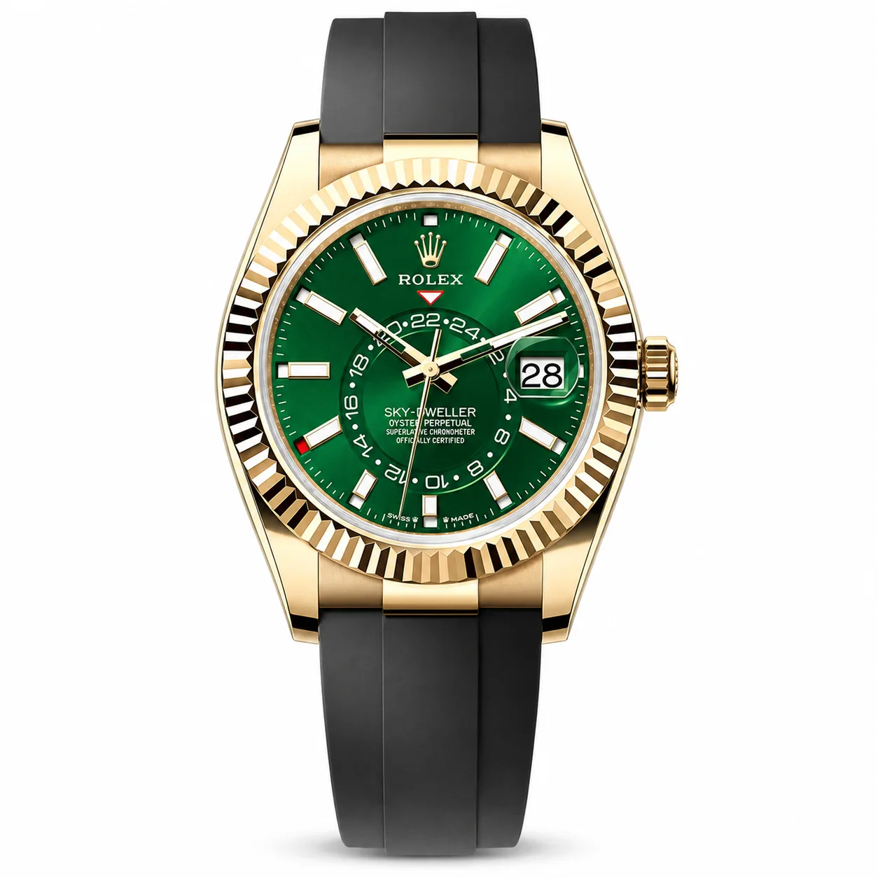 Rolex Sky-Dweller m336238-0004 42mm Calibre 9002 Green / Fluted Bezel 18K Yellow Gold AI 头图 1 - 白底全貌 [ai-shot:full-white]