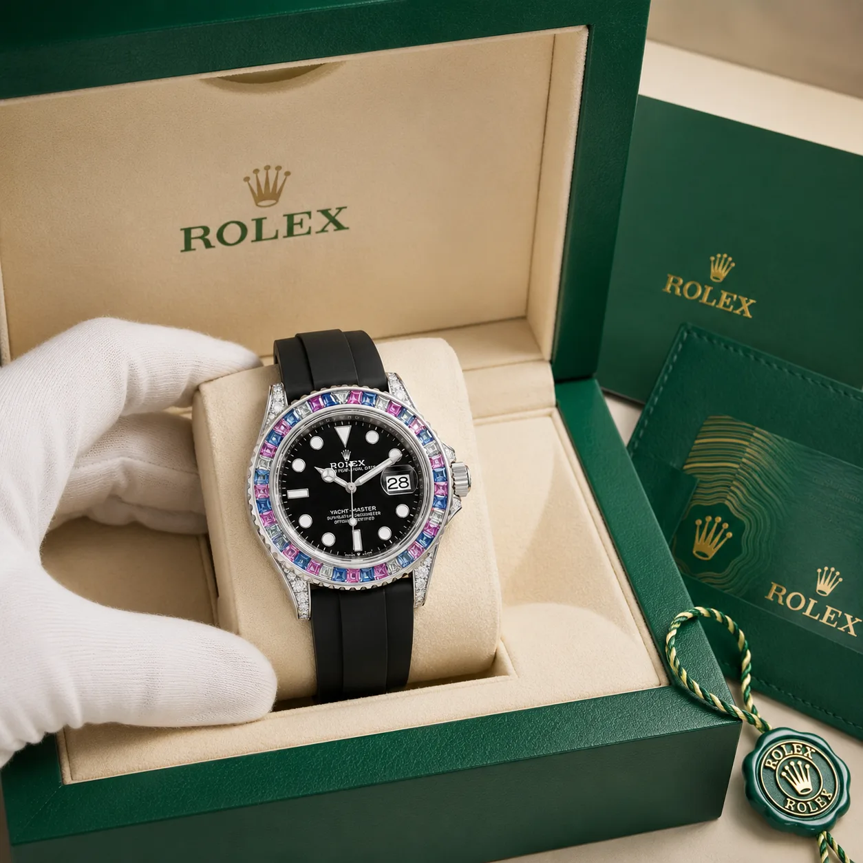 Rolex Yacht-Master M126679SABR-0002 40mm Calibre 3255 Green & Black / Green & Black Cerachrom Bezel 18K White Gold AI 头图 5 - 包装盒 [ai-shot:box-shot]