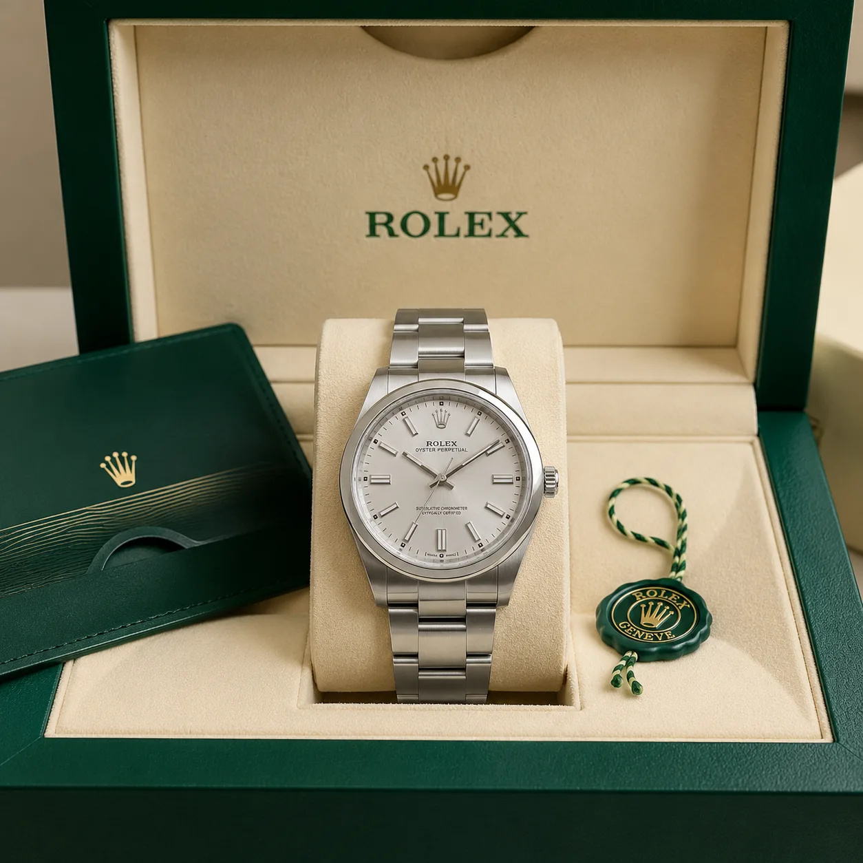 Rolex Oyster Perpetual m134300-0007 41mm Calibre 3230 Silver / Smooth Bezel 904L Stainless Steel AI 头图 5 - 包装盒 [ai-shot:box-shot]