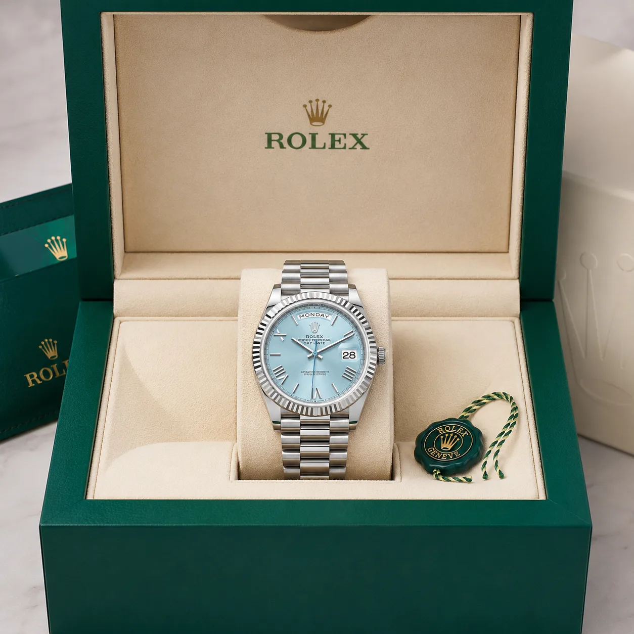 Rolex Day-Date m228236-0012 40mm Calibre 3255 Ice Blue / Fluted Bezel 950 Platinum AI 头图 5 - 包装盒 [ai-shot:box-shot]