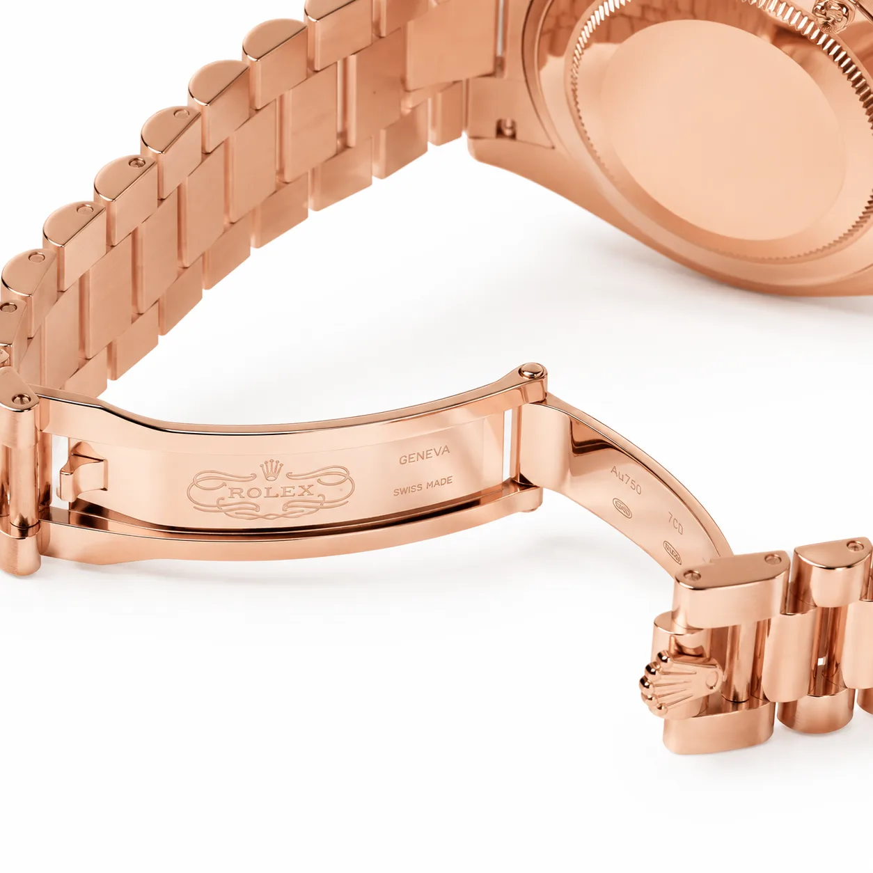 Rolex Day-Date 228235-0002 Cal.3255 Chocolate Dial Fluted Bezel Everose Gold AI 头图 3 - 表扣表链 [ai-shot:bracelet-clasp]