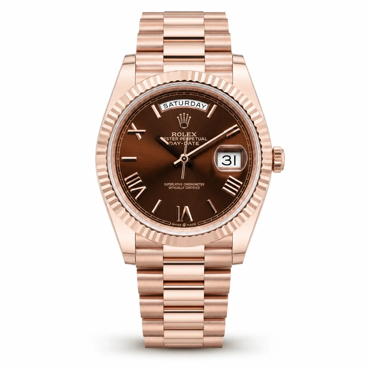 Rolex Day-Date 228235-0002 Cal.3255 Chocolate Dial Fluted Bezel Everose Gold AI 头图 1 - 白底全貌 [ai-shot:full-white]