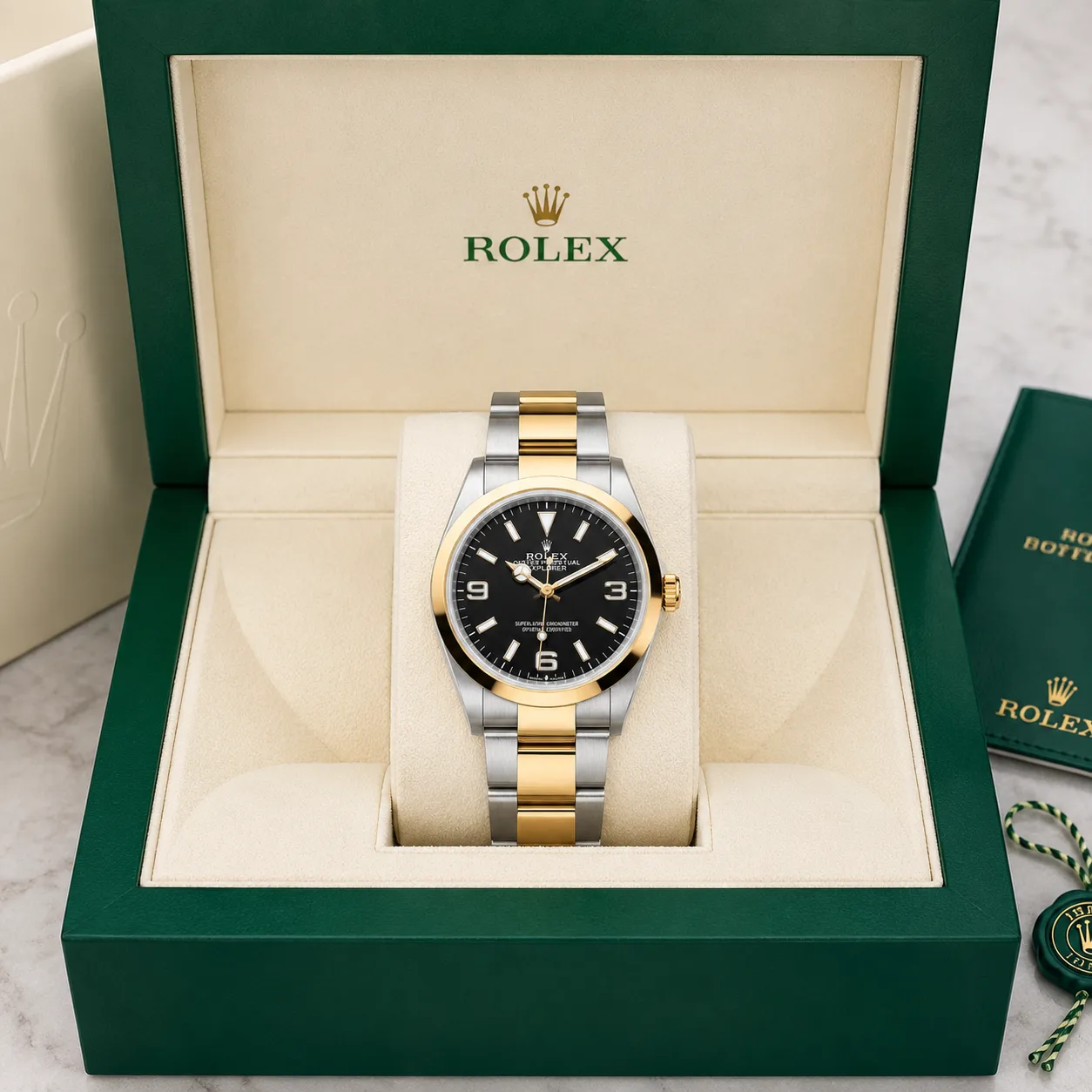 Rolex Explorer m124273-0001 36mm Calibre 3230 Black / Gold Smooth Bezel 904L Stainless Steel and 18K Yellow Gold AI 头图 5 - 包装盒 [ai-shot:box-shot]