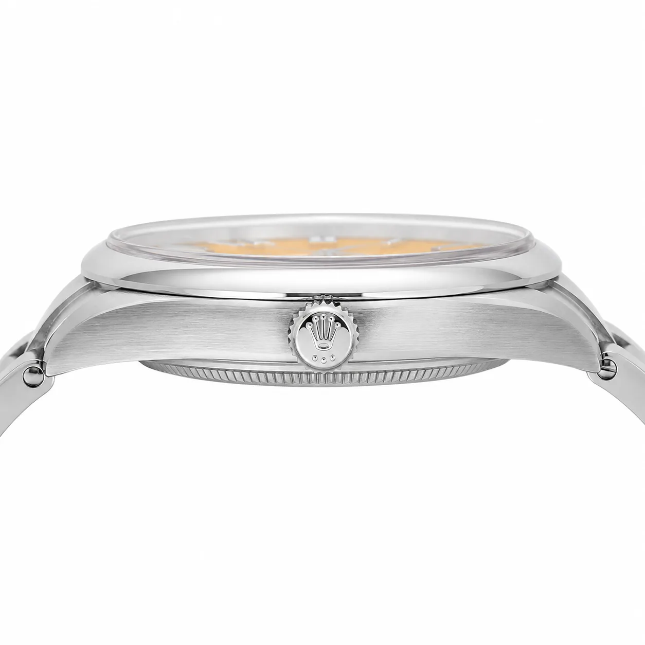 Rolex Oyster Perpetual m124300-0004 41mm Calibre 3230 Yellow / Smooth Bezel 904L Stainless Steel AI 头图 2 - 侧面细节 [ai-shot:side-detail]
