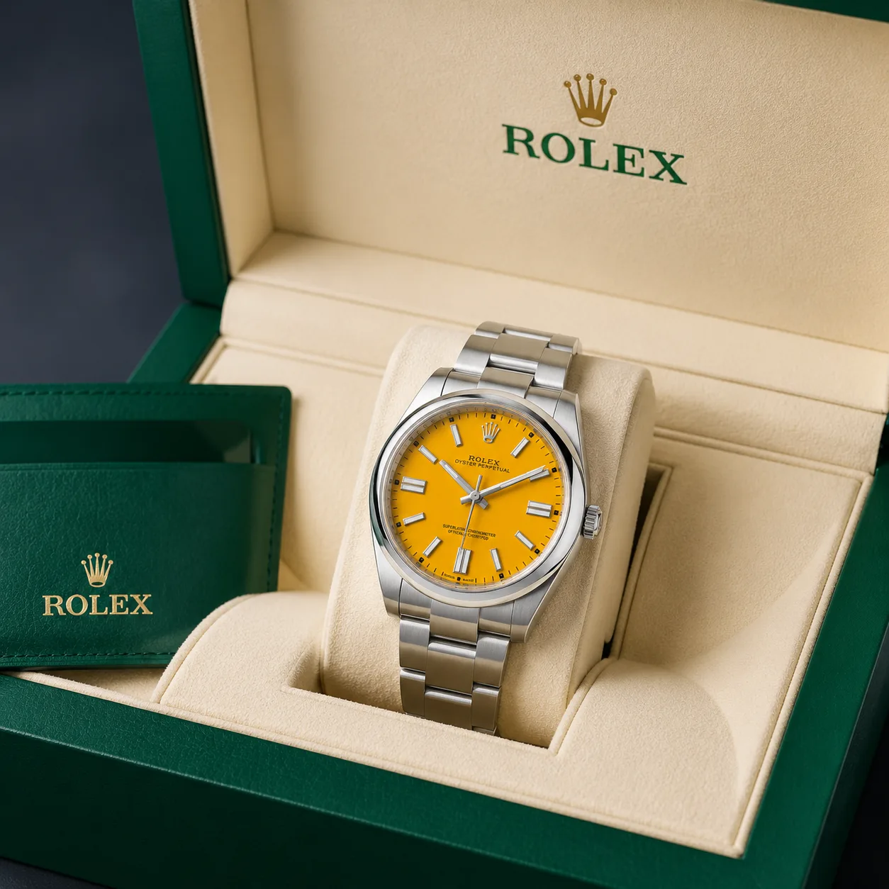 Rolex Oyster Perpetual m124300-0004 41mm Calibre 3230 Yellow / Smooth Bezel 904L Stainless Steel AI 头图 5 - 包装盒 [ai-shot:box-shot]