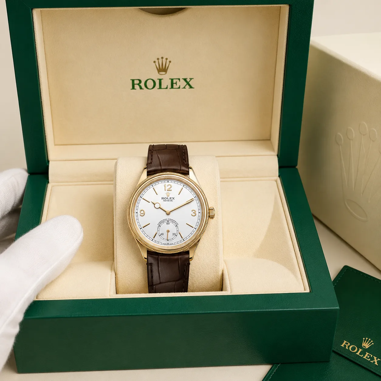 Rolex 1908 m52508-0006 39mm Calibre 7140 White / Fluted Bezel 18K Yellow Gold AI 头图 5 - 包装盒 [ai-shot:box-shot]