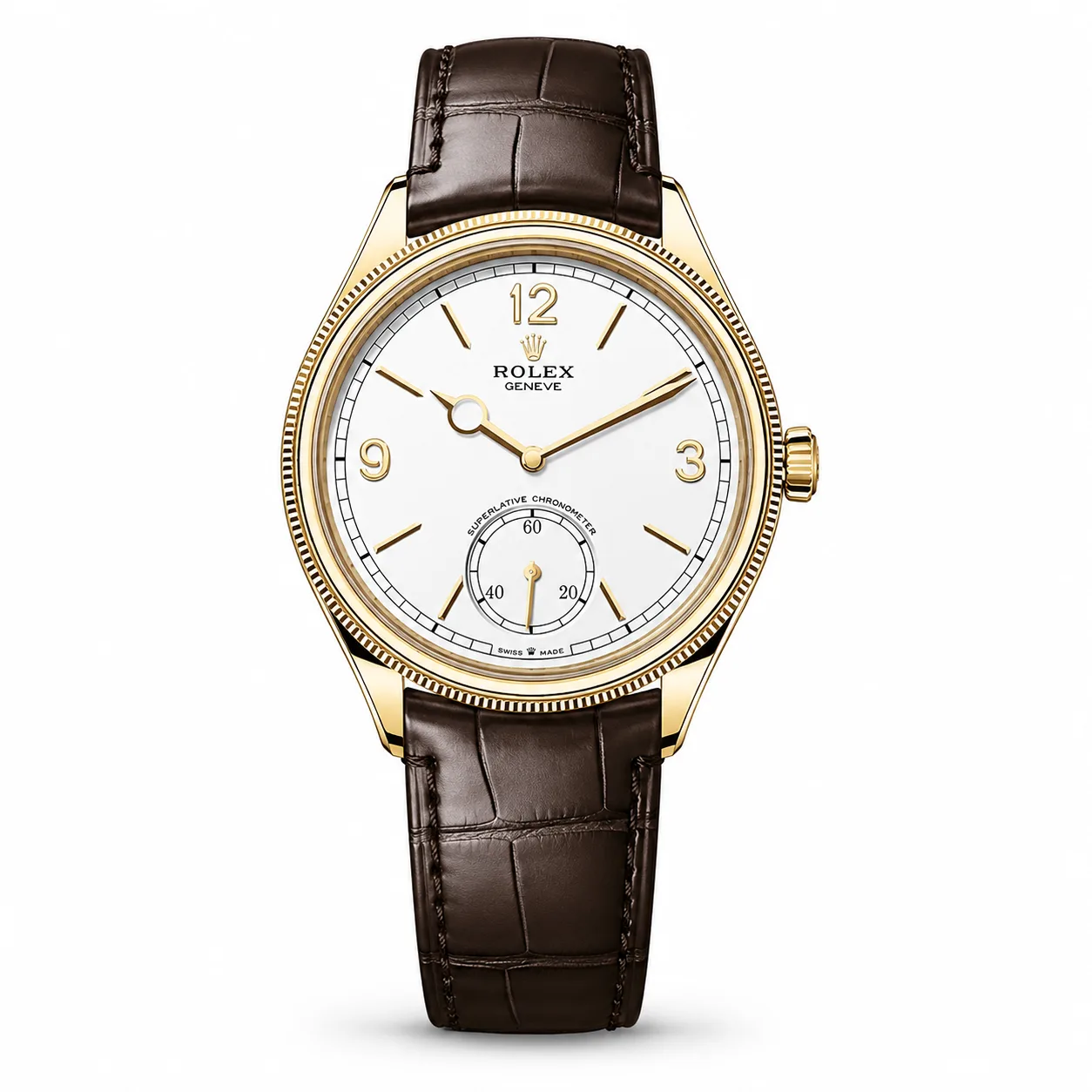 Rolex 1908 m52508-0006 39mm Calibre 7140 White / Fluted Bezel 18K Yellow Gold AI 头图 1 - 白底全貌 [ai-shot:full-white]