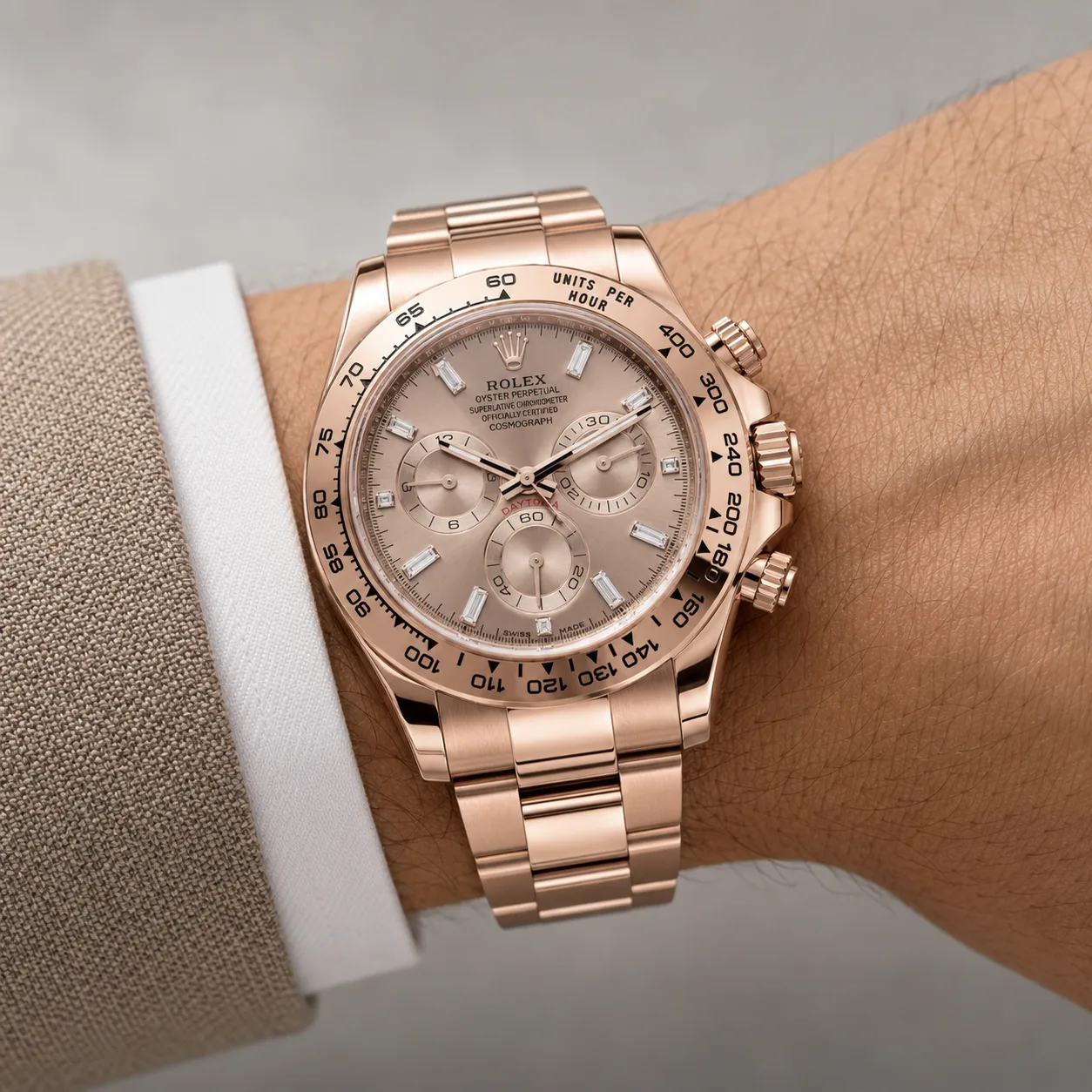 Rolex Cosmograph Daytona m116505-0017 40mm Calibre 4130 Chocolate / Everose Gold Bezel 18K Everose Gold AI 头图 4 - 佩戴图 [ai-shot:wrist-shot]