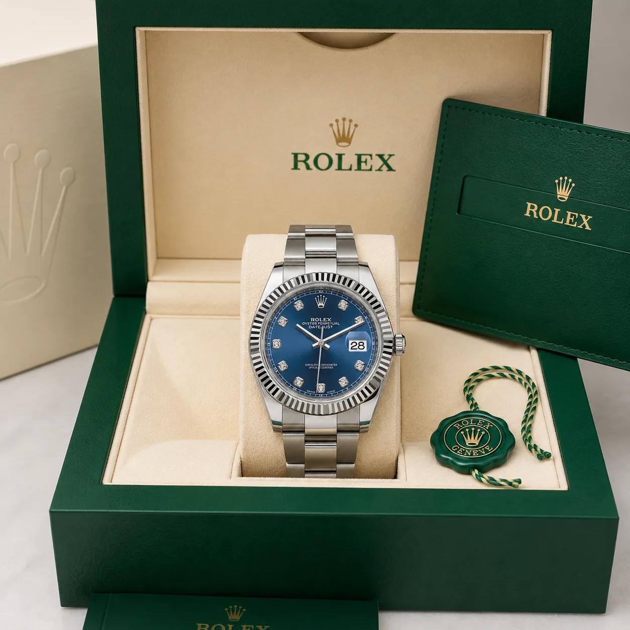 Rolex Datejust m126334-0015 41mm Calibre 3235 Blue / Fluted Bezel 904L Stainless Steel and 18K White Gold AI 头图 5 - 包装盒 [ai-shot:box-shot]