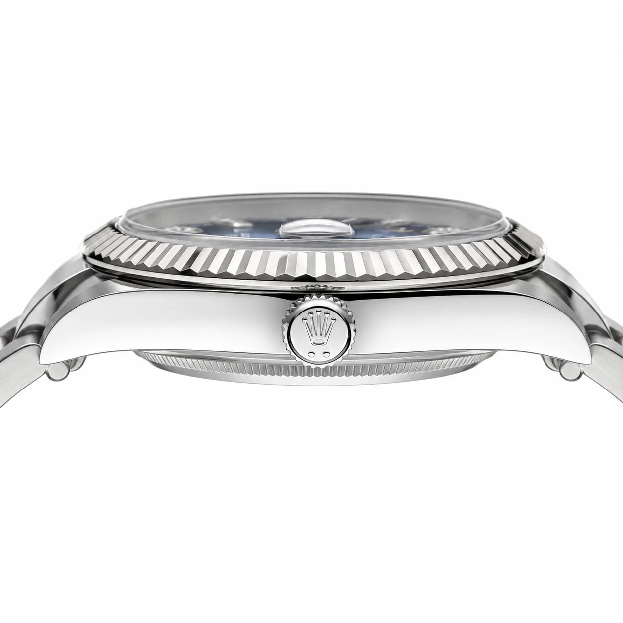 Rolex Datejust m126334-0015 41mm Calibre 3235 Blue / Fluted Bezel 904L Stainless Steel and 18K White Gold AI 头图 2 - 侧面细节 [ai-shot:side-detail]