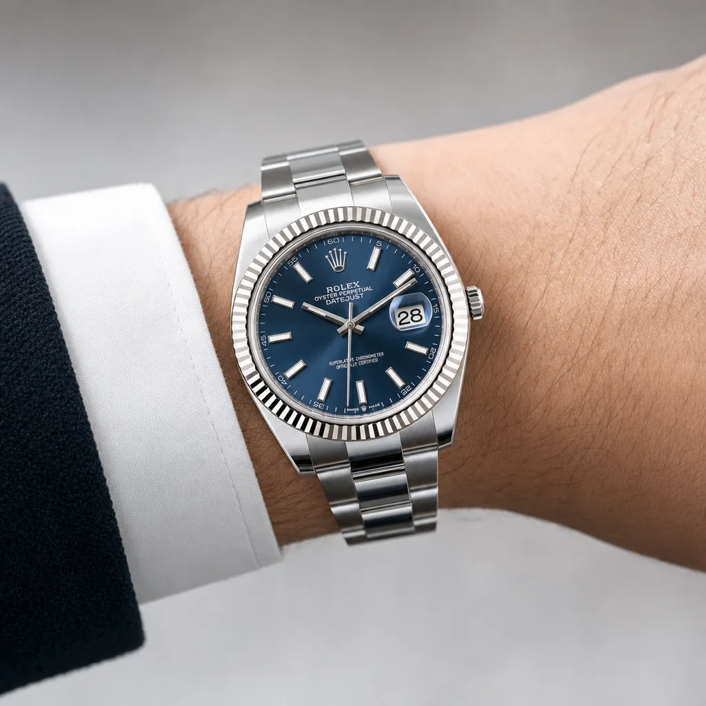 Rolex Datejust m126334-0015 41mm Calibre 3235 Blue / Fluted Bezel 904L Stainless Steel and 18K White Gold AI 头图 4 - 佩戴图 [ai-shot:wrist-shot]