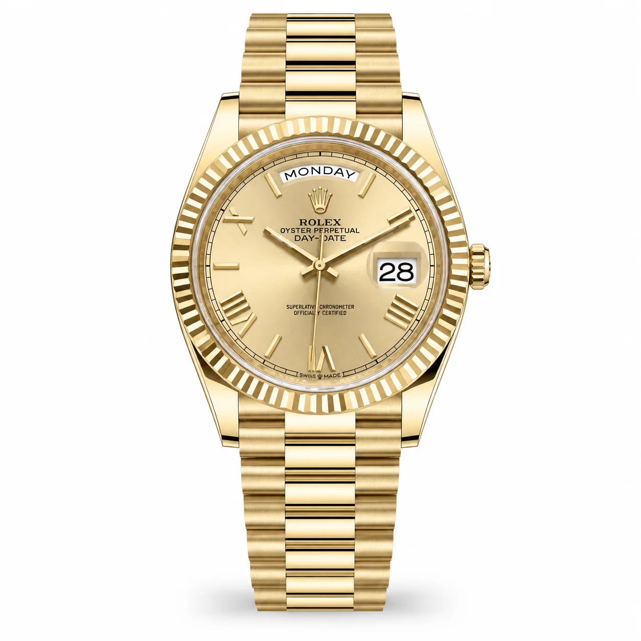 Rolex Day-Date m228238-0002 40mm Calibre 3255 Champagne / Fluted Bezel 18K Yellow Gold AI 头图 1 - 白底全貌 [ai-shot:full-white]