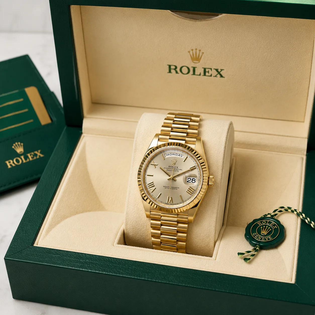 Rolex Day-Date m228238-0002 40mm Calibre 3255 Champagne / Fluted Bezel 18K Yellow Gold AI 头图 5 - 包装盒 [ai-shot:box-shot]