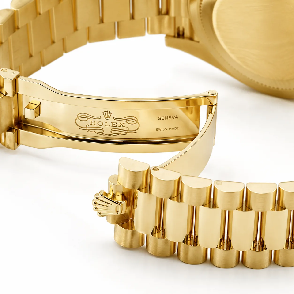 Rolex Day-Date m228238-0002 40mm Calibre 3255 Champagne / Fluted Bezel 18K Yellow Gold AI 头图 3 - 表扣表链 [ai-shot:bracelet-clasp]