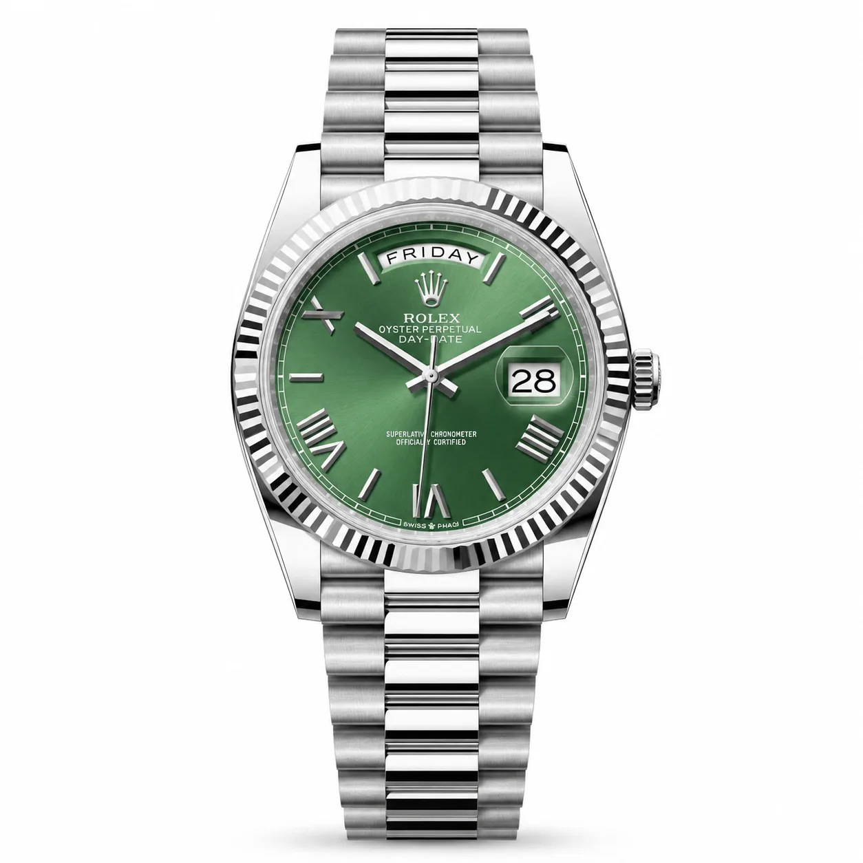 Rolex Day-Date M228239-0033 Cal.3255 Green Dial Fluted Bezel AI 头图 1 - 白底全貌 [ai-shot:full-white]