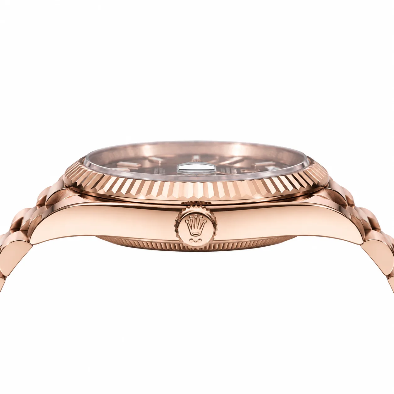 Rolex Day-Date m228235-0004 40mm Calibre 3255 Chocolate / Fluted Bezel 18K Everose Gold AI 头图 2 - 侧面细节 [ai-shot:side-detail]
