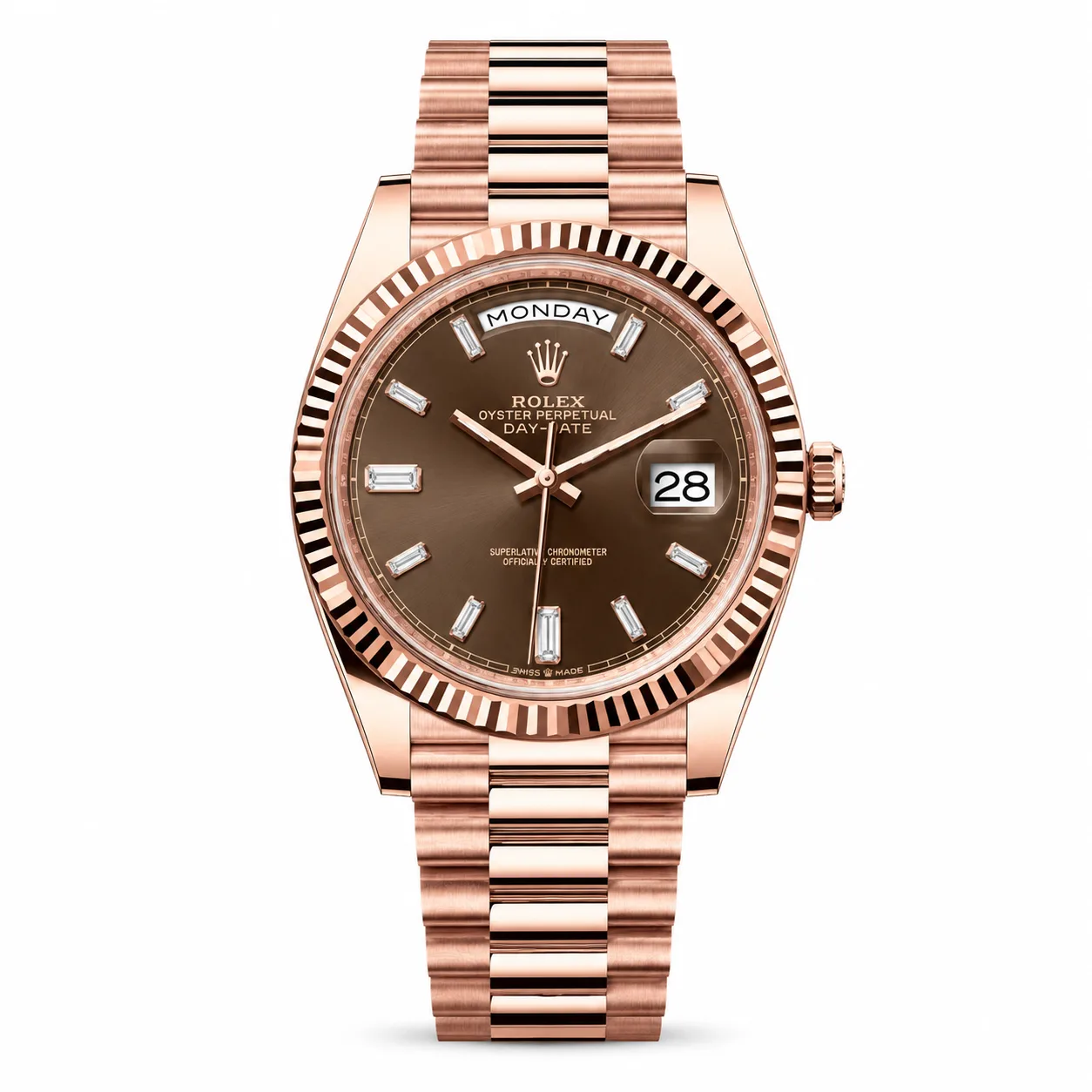 Rolex Day-Date m228235-0004 40mm Calibre 3255 Chocolate / Fluted Bezel 18K Everose Gold AI 头图 1 - 白底全貌 [ai-shot:full-white]