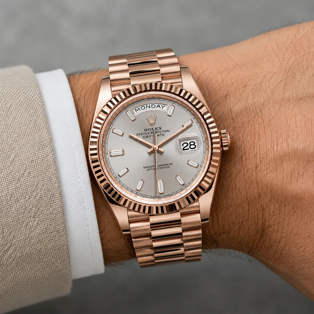 Rolex Day-Date m228235-0004 40mm Calibre 3255 Chocolate / Fluted Bezel 18K Everose Gold AI 头图 4 - 佩戴图 [ai-shot:wrist-shot]