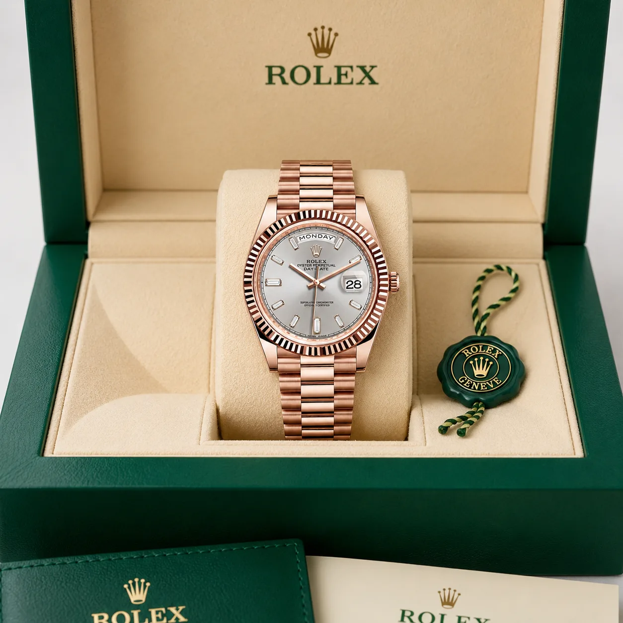 Rolex Day-Date m228235-0004 40mm Calibre 3255 Chocolate / Fluted Bezel 18K Everose Gold AI 头图 5 - 包装盒 [ai-shot:box-shot]