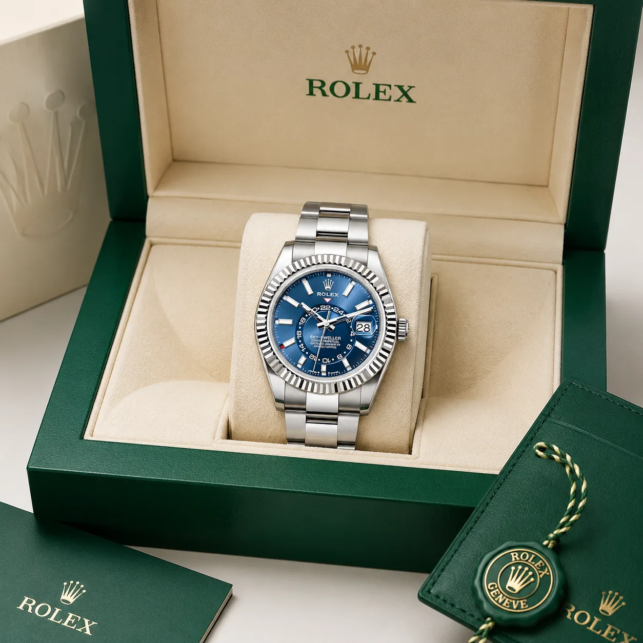 Rolex Sky-Dweller m336934-0005 42mm Calibre 9002 Silver / Fluted Bezel 18K White Gold AI 头图 5 - 包装盒 [ai-shot:box-shot]
