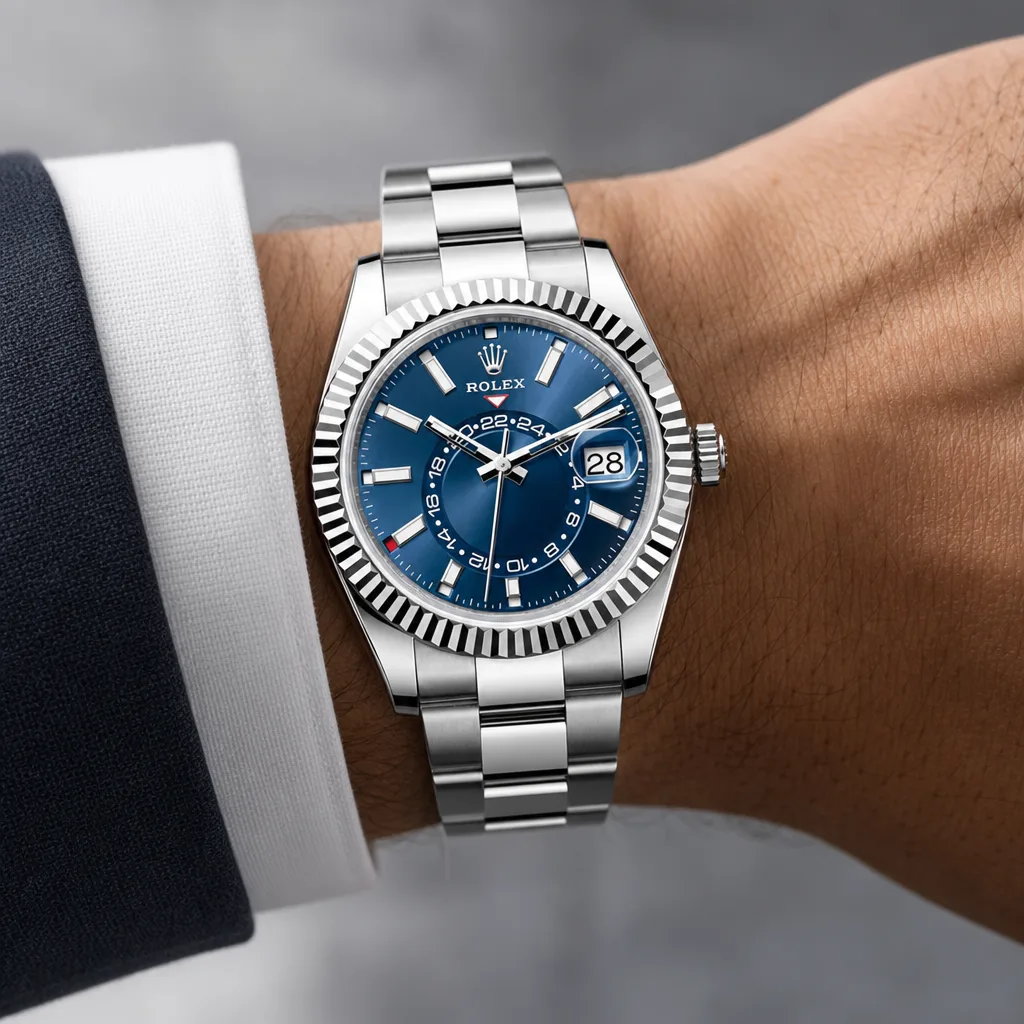 Rolex Sky-Dweller m336934-0005 42mm Calibre 9002 Silver / Fluted Bezel 18K White Gold AI 头图 4 - 佩戴图 [ai-shot:wrist-shot]