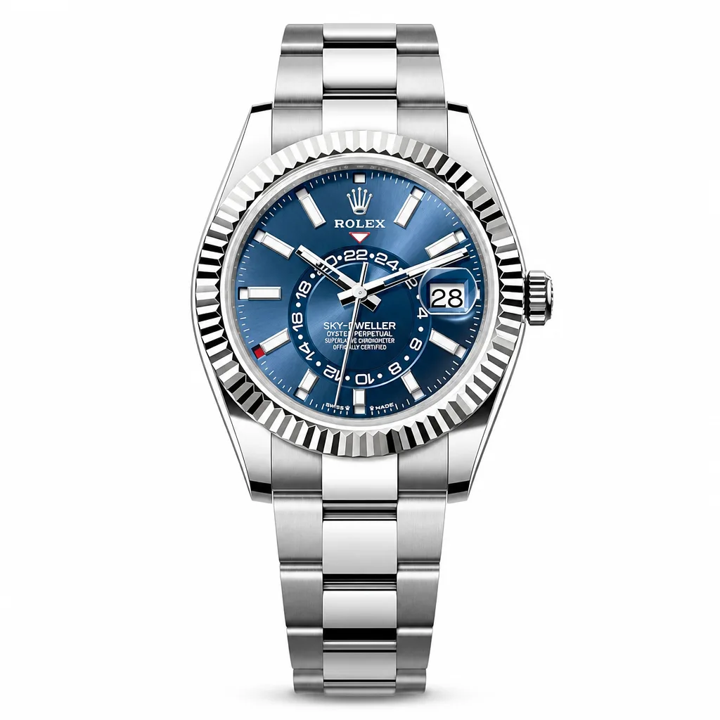 Rolex Sky-Dweller m336934-0005 42mm Calibre 9002 Silver / Fluted Bezel 18K White Gold AI 头图 1 - 白底全貌 [ai-shot:full-white]