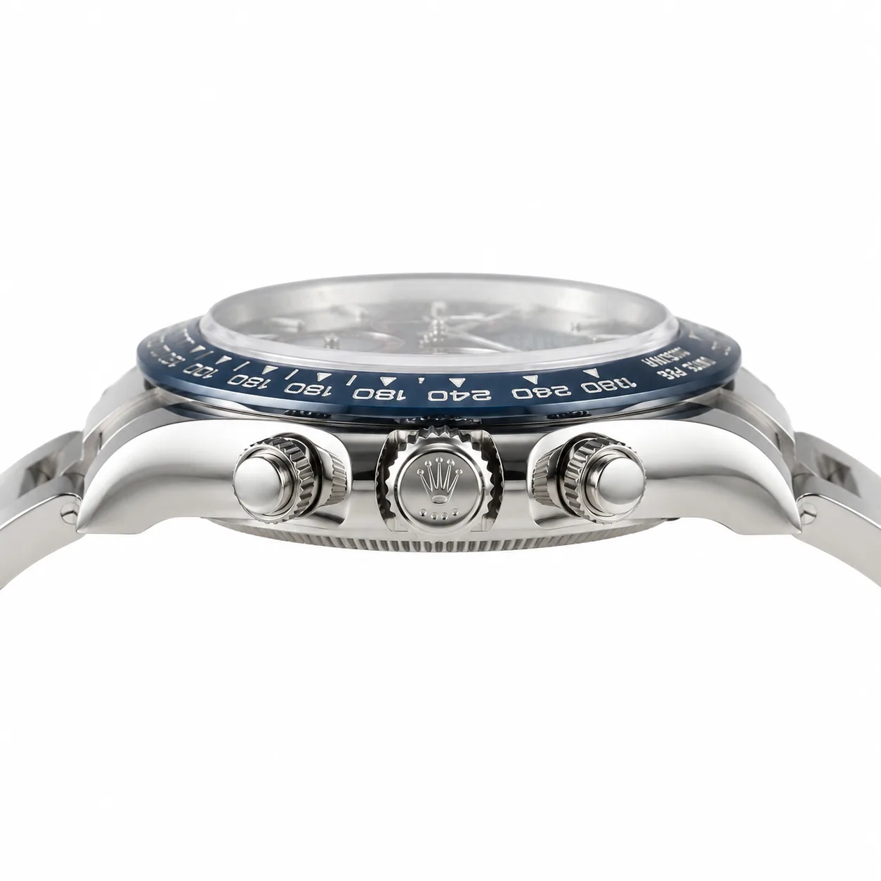 Rolex Cosmograph Daytona m116509-0073 40mm Calibre 4130 Blue / Blue Cerachrom Bezel 18K White Gold AI 头图 2 - 侧面细节 [ai-shot:side-detail]