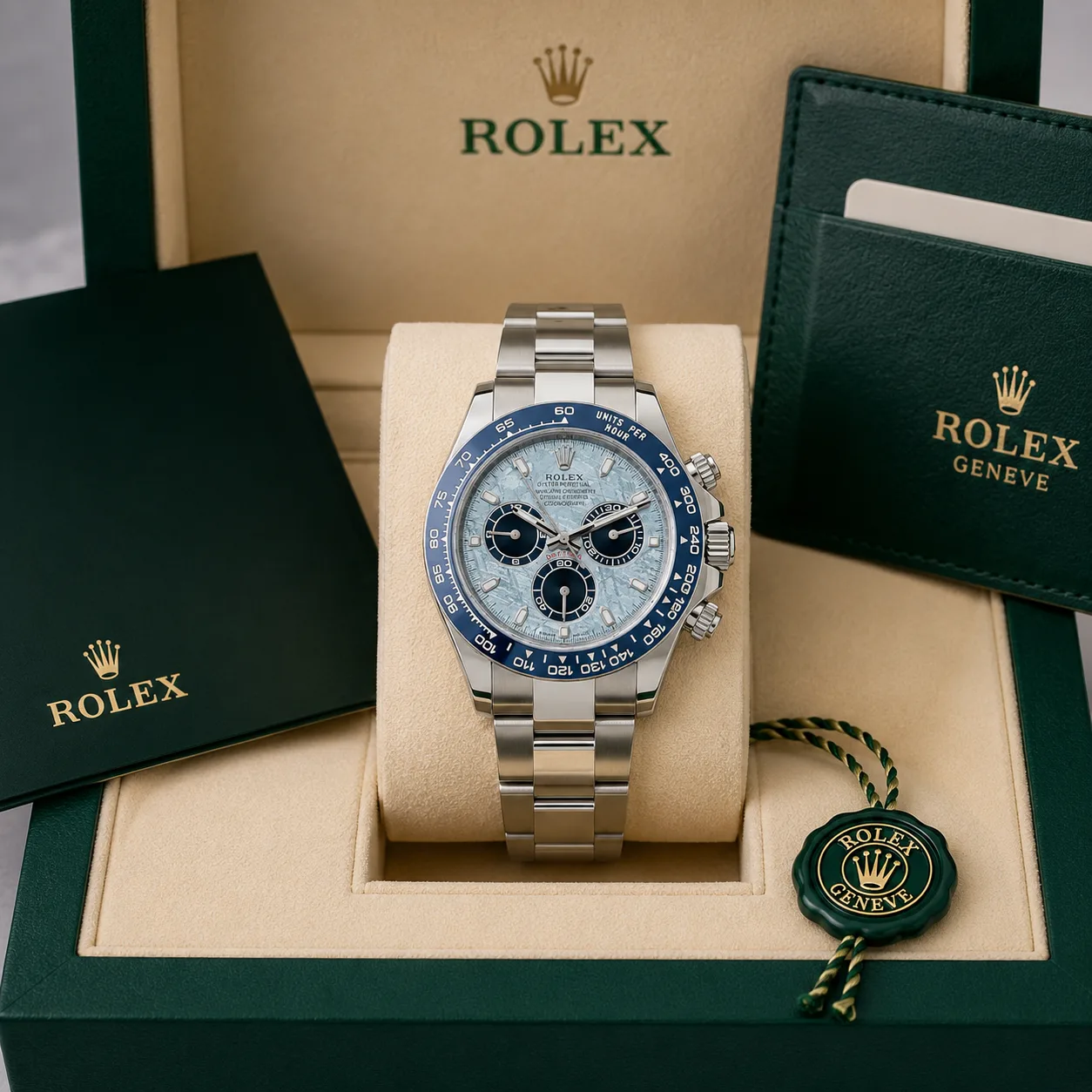 Rolex Cosmograph Daytona m116509-0073 40mm Calibre 4130 Blue / Blue Cerachrom Bezel 18K White Gold AI 头图 5 - 包装盒 [ai-shot:box-shot]