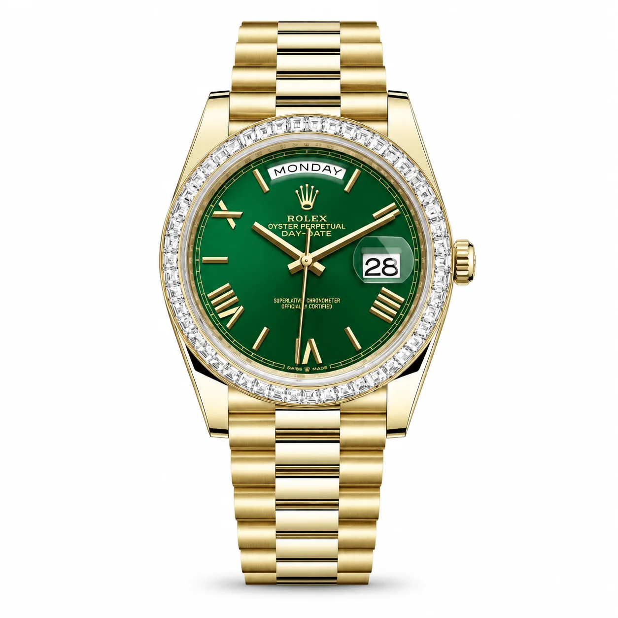 Rolex Day-Date m228398tbr-0039 40mm Calibre 3255 Green / Diamond-Set Bezel 18K Yellow Gold AI 头图 1 - 白底全貌 [ai-shot:full-white]