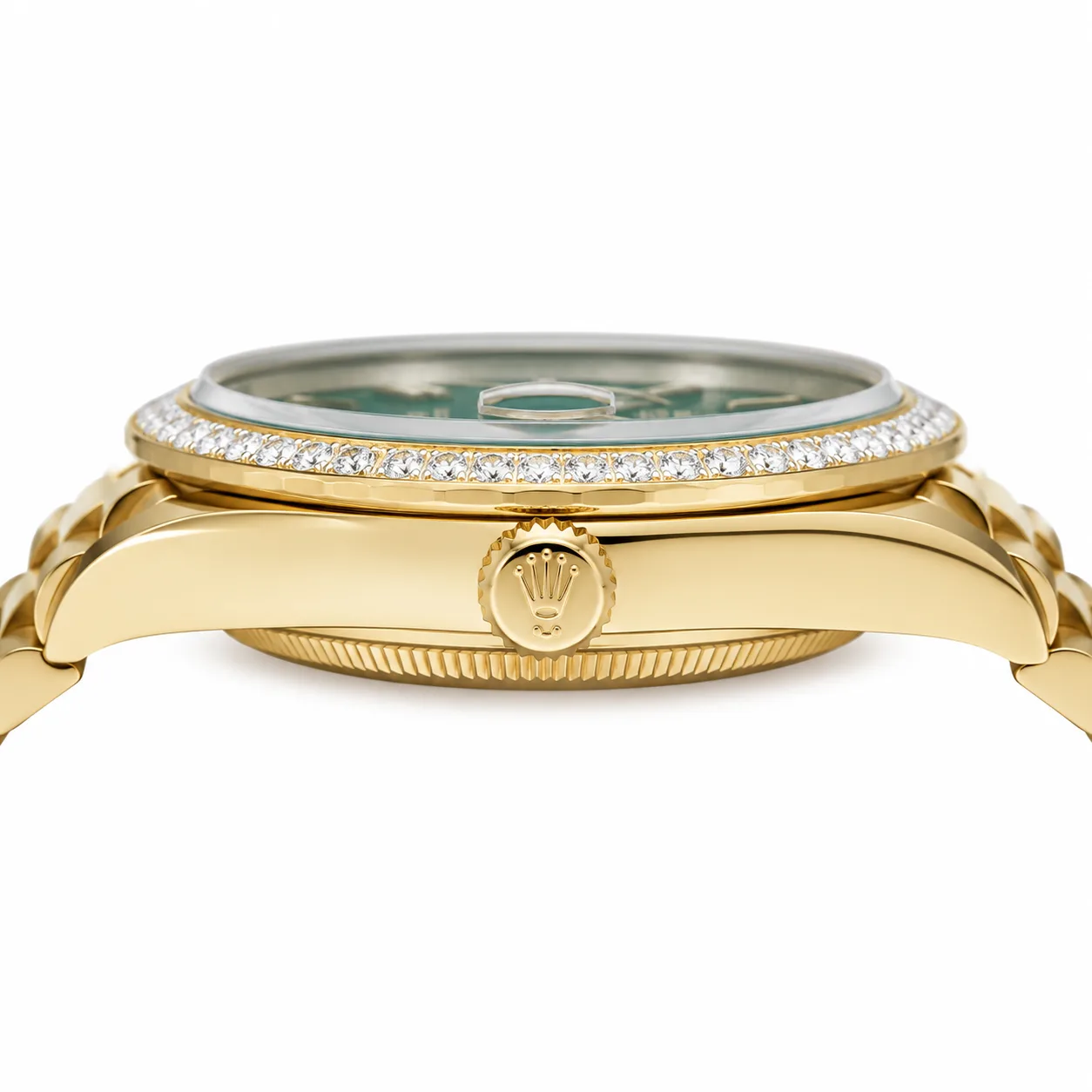 Rolex Day-Date m228398tbr-0039 40mm Calibre 3255 Green / Diamond-Set Bezel 18K Yellow Gold AI 头图 2 - 侧面细节 [ai-shot:side-detail]