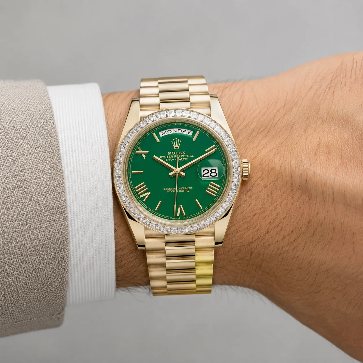 Rolex Day-Date m228398tbr-0039 40mm Calibre 3255 Green / Diamond-Set Bezel 18K Yellow Gold AI 头图 4 - 佩戴图 [ai-shot:wrist-shot]