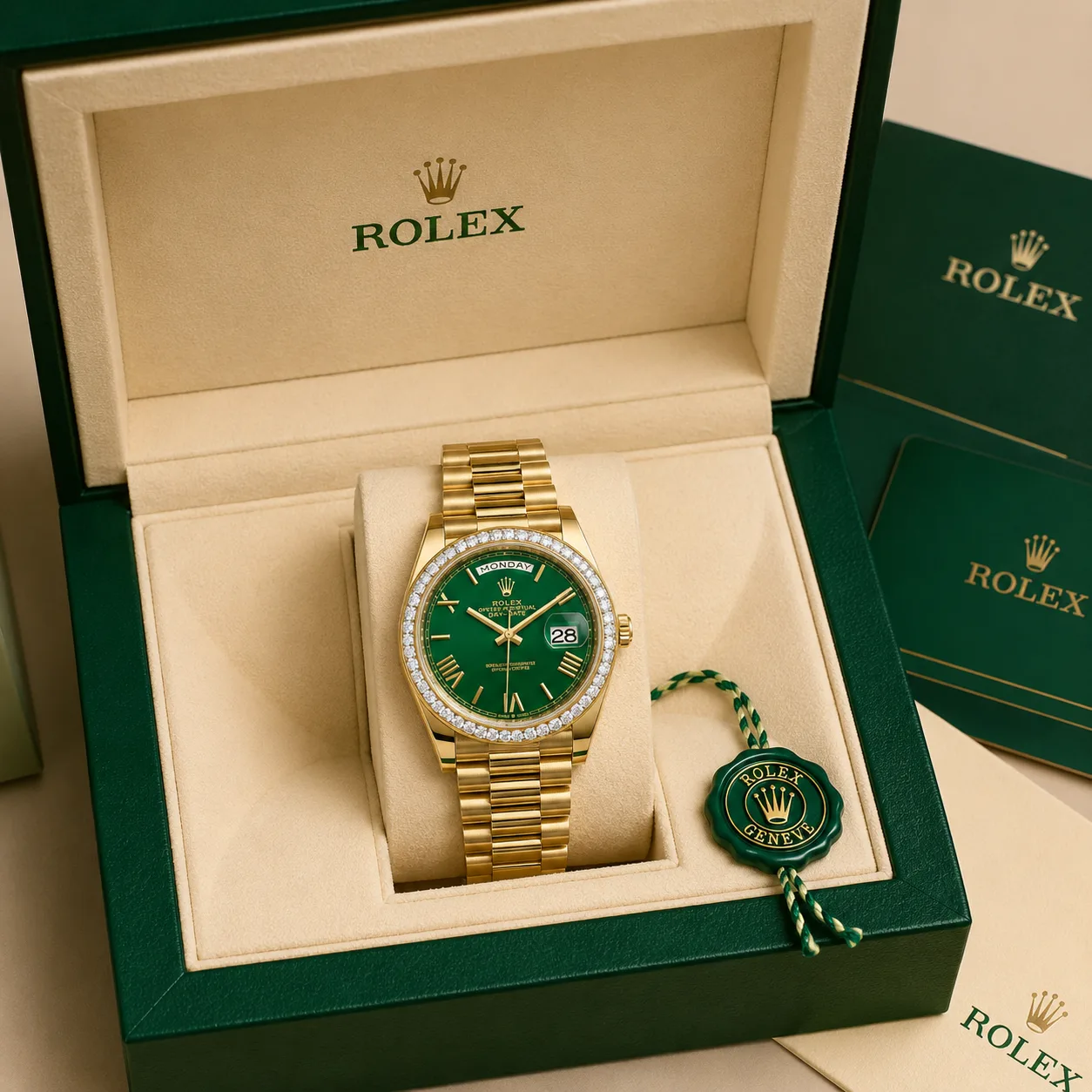 Rolex Day-Date m228398tbr-0039 40mm Calibre 3255 Green / Diamond-Set Bezel 18K Yellow Gold AI 头图 5 - 包装盒 [ai-shot:box-shot]
