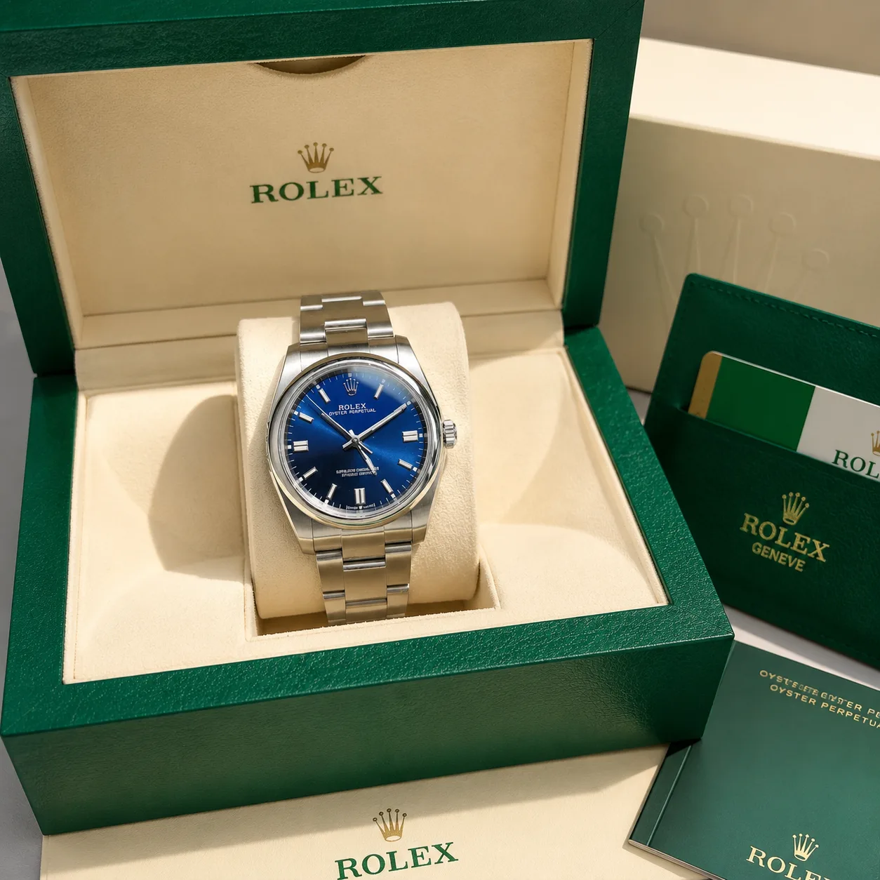Rolex Oyster Perpetual M124300-0003 Cal.3230 Blue Dial AI 头图 5 - 包装盒 [ai-shot:box-shot]