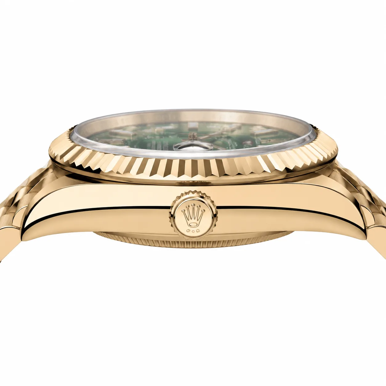 Rolex Sky-Dweller M336938-0008 42mm Calibre 9002 Green / Green Cerachrom Bezel 18K Yellow Gold AI 头图 2 - 侧面细节 [ai-shot:side-detail]
