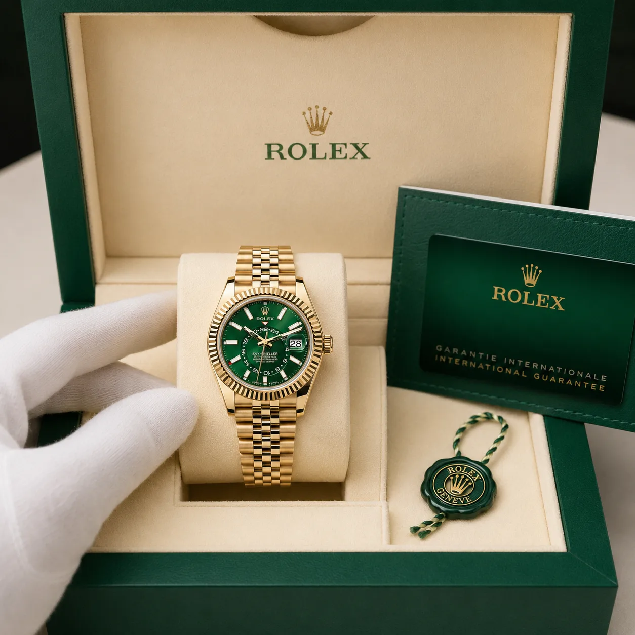 Rolex Sky-Dweller M336938-0008 42mm Calibre 9002 Green / Green Cerachrom Bezel 18K Yellow Gold AI 头图 5 - 包装盒 [ai-shot:box-shot]